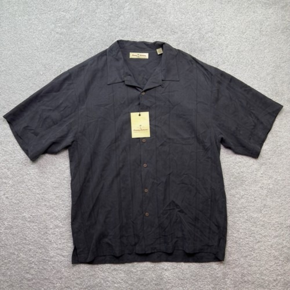 Tommy Bahama Island Etchings Camp Shirt Mens XL Black Silk Floral Jacquard